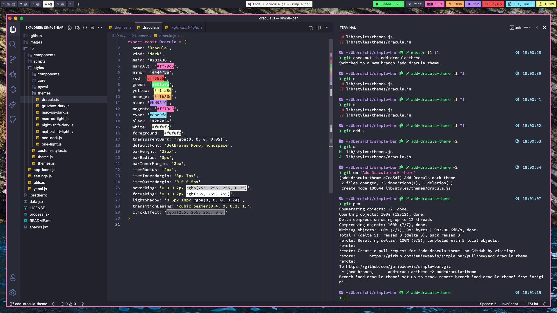 Theme Dracula implémenté par <a href="https://github.com/jamieweavis" target="_blank" rel="noopener noreferrer">@jamieweavis</a>