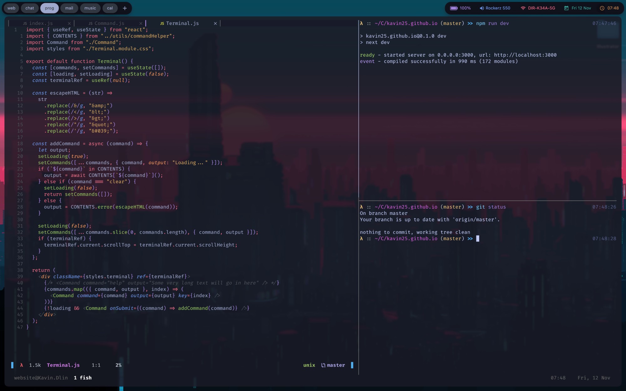 Exemple avec le theme Tokyo Night, <a href="https://github.com/kavinvalli" target="_blank" rel="noopener noreferrer">@kavinvalli</a>